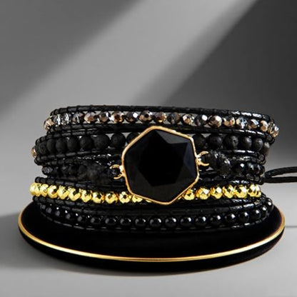Handmade Boho Wrap Bracelets Natural Turquoise Crystal Stone Variety Beaded Strand Bracelet - color: Obsidian