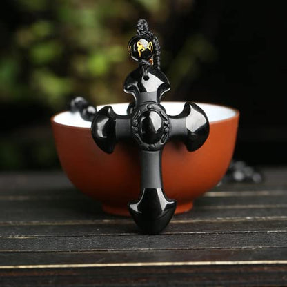 Black Obsidian Necklace Protection Pendant with Extended Bead Chain Healing Crystal Stone Amulet Necklace for Men Women - color: CrossA