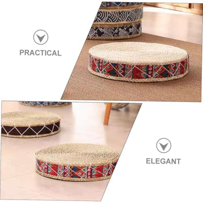 ULTECHNOVO Bohemian Red Woven Meditation Floor Cushion 30cm Diameter X 7cm Height Zafu Japanese Style Straw Sitting Pad for Yoga and Zen Practice