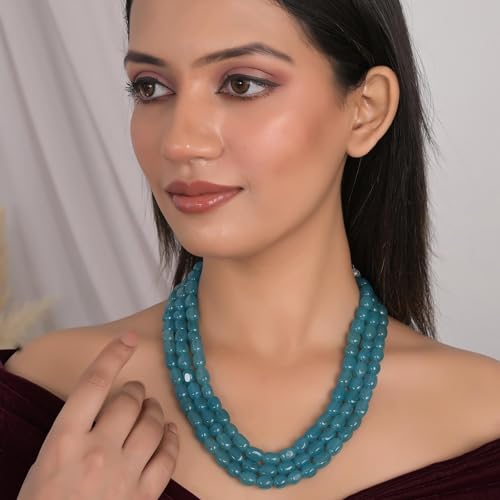 Ratnavali Jewels Quartz Multi Layer Strand Mala Beads Party Wear Necklace Jewelry Women RV3415 - color: Blue