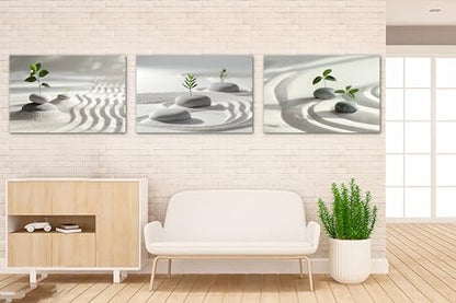 3 Panels Zen Wall Art, Stone and Green Leaf Pictures Zen Wall Decor Canvas Print, Yoga Spa Meditation Painting Calming Home Decorations Artwork for Spiritual Room Office Living Room Bedroom Bathroom