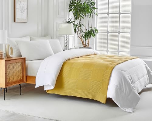 Longhui bedding 100% Cotton Chunky Cable Knit Throw Blanket for Sofa Couch Bed Baby Nursery, Farmhouse Chessboard Grid Woven Blanket with Bonus Laundering Bag, 51 x 63 Inches, Mustard Yellow - color: Mustard Yellow, size: 51” x 63”