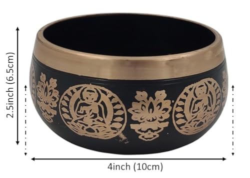 Purpledip Handmade 4 Inches Bell Metal Tibetan Buddhist Singing Bowl Musical Instrument For Meditation (11079) - style: Scripture design | 4 inches | Black