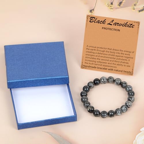 LPBeads Handmade Natural Gemstone Stretch Elastic Bracelet Healing Crystal Round Stone Beads Jewelry Gifts for Women Men - color: Black Larvikite, size: 10mm