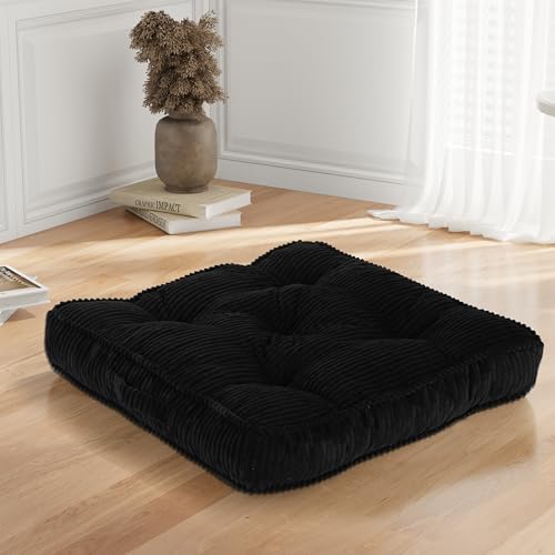 Meditation Floor Cushion, 22x22 Tufted Floor Pillow for Adults, Square Large Meditation Cushion Pillow, Black Corduroy Sitting with Handle, Yoga Seating for Tatami, 1Pack - color: Black, size: 22x22x4 inch