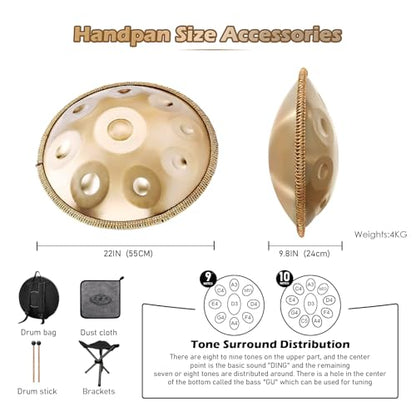 Handpan 22 Inches Drum Set, 440Hz 9 Notes Hand Drum Instrument, Premium Steel Hand Drum, Includes Carrying Case, Drumsticks, Spiral Wraps, Instruction Guide - size: 22 Inches - 9 Notes - Steel