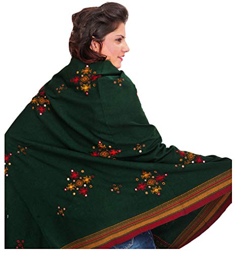 Exotic India Shawl from Kutch with Embroidered Bootis and Mirrors - Wool - color: Trekking Green