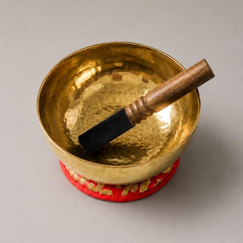 Tibetan Singing Bowl – Handcrafted Bronze Himalayan Bowl with Silk Cushion & Mallet | Made in Nepal (Harmony Cushion (Red), Medium (7 inches) - color: Harmony Cushion (Red), size: Medium (7 inches)