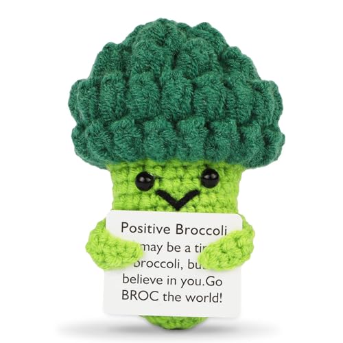 Positive Energy Crochet Broccoli Gift with Inspiring Affirmation Card, Handmade Emotional Support Broccoli, Cute Stress Relief Gift for Women and Men, Birthday Present and Office Desk Décor - color: Broccoli