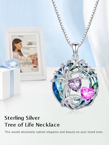 TOUPOP s925 Sterling Silver Family Celtic Tree of Life Pendant Necklaces with 2 Heart Birthstone with Blue Austrian Crystal Jewelry Birthday Valentines Day Gifts for Her, Anniversary Christmas Gifts for Wife Girlfriend Mom (18K Real White Gold Filled) - c