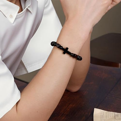 MILAKOO Wooden Bracelet with Black Stainless Steel Cross Charms Bead Christian Gifts for Women Men - color: D2