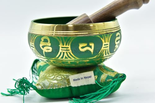 3.75" Tibetan Meditation Yoga Singing Bowl Green Set with free Wooden Mallet and Silk Cushion from Nepal, Singing bowls. (Green) - color: Green