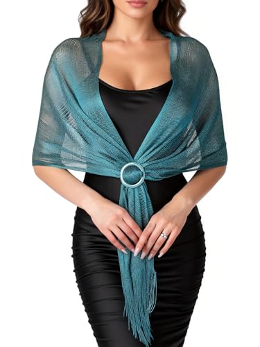 Sumolux Shawls Wraps for Evening Dresses Metallic Glitter Shawls Scarf for Women Sparkling Wedding with Free Buckle - color: Peacock Blue