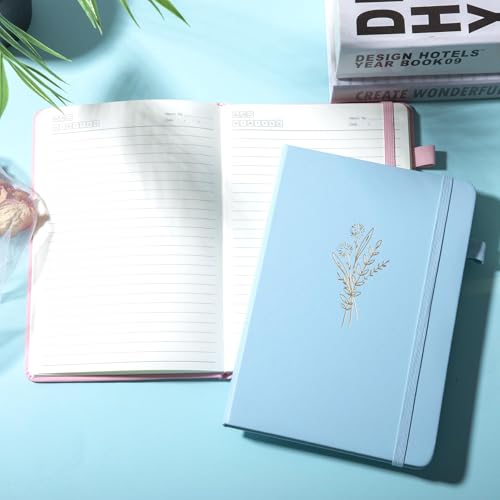 Lined Journal Notebook for Women Cute Leather Journaling Notebooks for Writing 192 Pages A5 Hardcover Aesthetic Floral Diary, 5.7 x 8.3 in, Blue - color: Blue