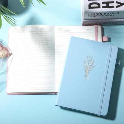 Lined Journal Notebook for Women Cute Leather Journaling Notebooks for Writing 192 Pages A5 Hardcover Aesthetic Floral Diary, 5.7 x 8.3 in, Blue - color: Blue