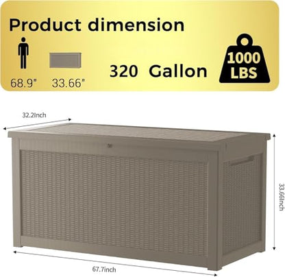 320 Gallon Outdoor Storage Box, Waterproof Resin Deck Box with Lockable Lid Large Storage Bin for Patio Furniture Cushion, Garden Tools, Pool Accessories UV-Resistant Outside Delivery, Grey