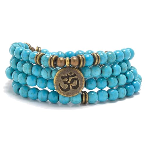 108 Mala Beads Bracelet with om Charm – Healing Stone Meditation Bracelet for Yoga & Prayer, 6mm Beads, Handmade, Gold-Plated OM Charm - style: Green Turquoise