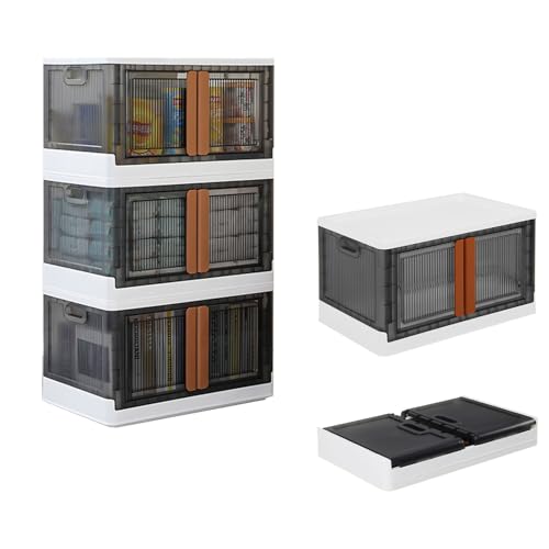 3 Pack 8.4 Gallon Collapsible Storage Boxes, Lidded Storage Box with Door and Wheels for Books, Towels and Clothes, Folding Storage Box for Home, White - color: Gray White, size: 8.4 Gal x 3