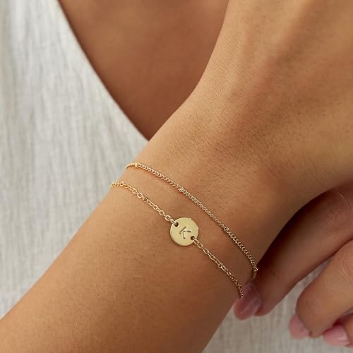 MONOZO Gold Initial Bracelets for Women Girls Jewelry Gifts Trendy - Dainty 18K Gold Plated Disc Monogram Letter A-Z Initial Bracelets for Women Girls Teens Personalized Letter Bracelet Birthday Gifts - color: Gold, style: J