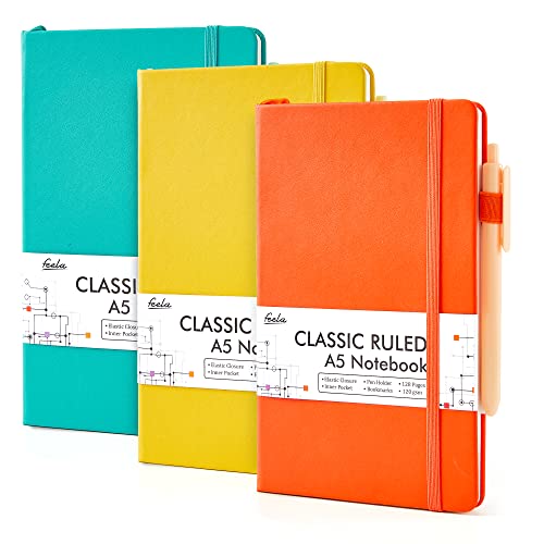 feela Hardcover Notebook For Work, Classic Ruled Lined Journal Set School Business Supplies, with 3 Black Pens, 120 GSM, 5.1”x8.3”, 3 Pack, A5, Solid Colors, Yellow, Orange, Emerald - color: Yellow, Orange, Emerald