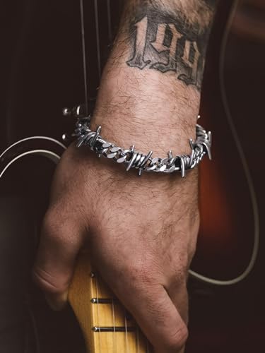 Bandmax Barbed Wire Chain Bracelets for Men Women Stainless Steel/Black/Gold Thorn Cuban Link Bracelet Adjustable Punk Emo Style Jewelry Gift - color: 01 9MM-Silver Tone