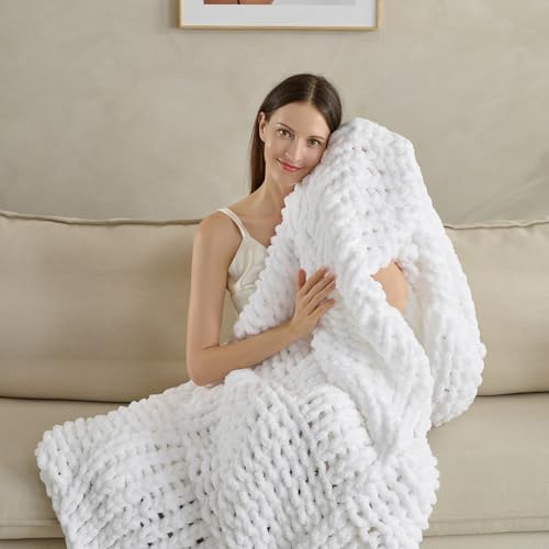 Soft Knitted Throw Blanket - 50x60 Inch Cozy & Lightweight All-Season Blanket, Wrinkle-Resistant Polyester for Couch, Bed, Sofa, Reading Nook (White) - color: White
