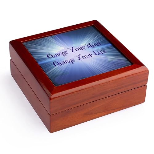3dRose Meditation Blue Light- Change Your Mind, Change Your Life- Inspirational Jewelry Box 7 x 7 inch with 4 inch tile