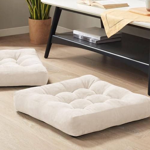 Meditation Floor Pillow Set of 2, Square Large Pillows Seating for Adults, Tufted Corduroy Cushion for Balcony Outdoor Tatami Living Room, Beige, 22x22 Inch - color: Square | Beige | 2 Pack, size: 2 Pack