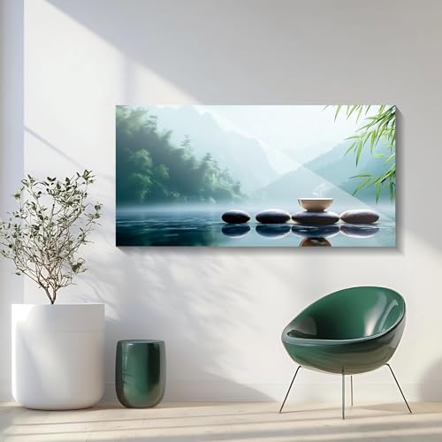 Iallbin Buddha Wall Art & Zen Wall Decor White Lotus on Water Canvas Painting - for Yoga Meditation Room, Spa & Bathroom, Iallbin Zen Stone Wall Art & Zen Wall Decor, Blending the essence of landscape artistry - for Yoga Meditation Room, Spa & Bathroom, G