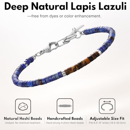 SAMYA Natural Lapis Lazuli Beaded Bracelet for Men – Deep & undyed Lapis Lazuli, 4 ×2mm Heshi Stones, Adjustable Stainless-Steel Clasp