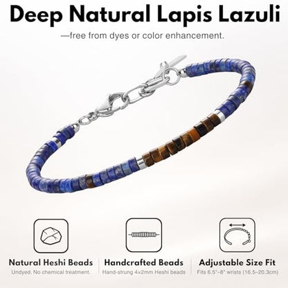 SAMYA Natural Lapis Lazuli Beaded Bracelet for Men – Deep & undyed Lapis Lazuli, 4 ×2mm Heshi Stones, Adjustable Stainless-Steel Clasp