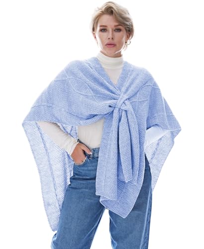 MissShorthair Knit Shawl Wraps for Women Boho Crochet Shawls Cape Open Front Cardigan - color: Blue