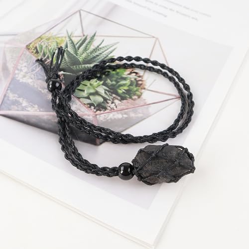 Natural unprocessed crystal raw stone hand woven rope adjustable necklace pendant for both men and women - color: A-Tourmaline