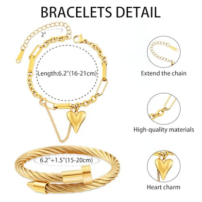 2PCS 18K Gold Plated Nail Bangle & Chain Bracelet Set for Women, Adjustable Stackable Bangle Jewelry, Dainty Gold Bracelet Gift for Women - color: Set J