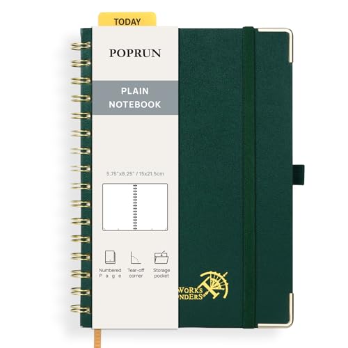 POPRUN Blank Spiral Journal Notebook, A5 Hardcover Sketch Books, 141 Pages Unlined Journals for Women Men, 120 GSM Plain Notebooks for Sketching, Drawing, Painting, 5.75'' x 8.25'', Dark Green - color: Dark Green, style: Plain