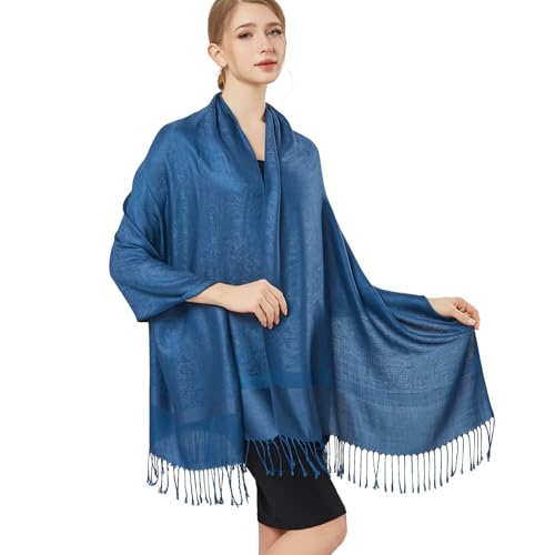 Silky Paisley Pashmina Shawl Scarf-Women's Soft Double-side Jacquard Pashminas Wrap for Evening Dress Travel Shawl - color: A-blue