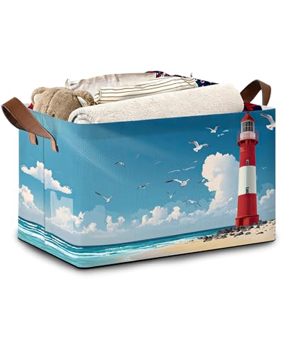 Lighthouse Seagull Storage Baskets,Beach Foldable Organizer Bin with Handles for Home Living Room Bedroom Closet Box 17x11.5x10Inch - color: Lighthouse Seagull Beach