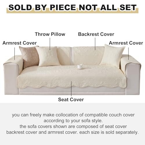 vctops Boho Cotton Quilted Couch Cover Soft Embroidered Sofa Cover Non-Slip Dog Bed Cover Scalloped Sofa Slipcover Washable Furniture Protector Cover (Cream,28"x82") - color: Cream, size: 1pc/28"x82"/Rectangular