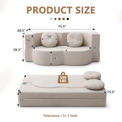 2-in-1 Folding Sofa Bed with Pillow, No Assembly Futon Twin Size Sofa Bed, Breathable Linen-Cotton Convertible Couch Bed for Living Room and Guest Room, 75.5 Inch,Khaki - color: Khaki-75.55", size: 2 seat