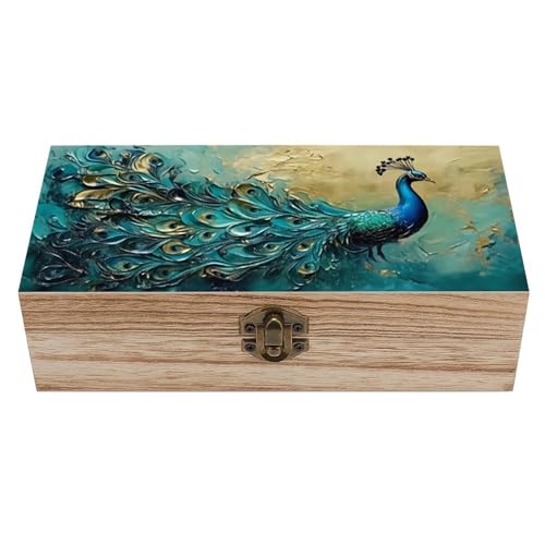Peacock Vintage Wooden Storage Box with Hinged Lid – Rustic Natural Wood Keepsake Box for Jewelry, Trinkets, And Photos – Decorative Small Chest Organizer (7.9" X 3.9" X 2.3") - color: black-5