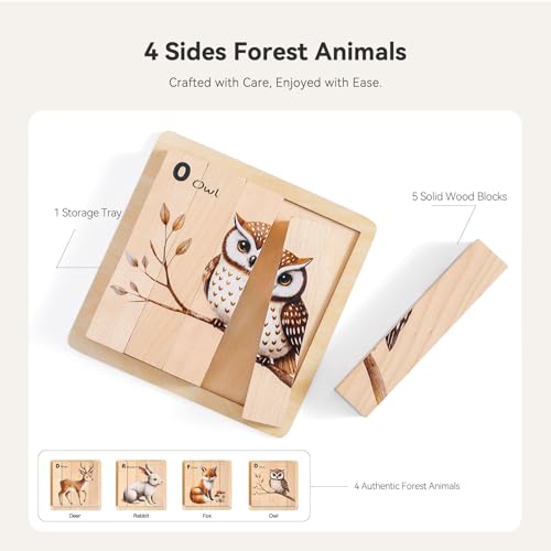 IEATFO 4 in 1 Wooden Animal Chunky Puzzle, 5 Solid Wood Puzzle Blocks with 4 Sides Realistic Forest Animals, Wooden Block Puzzle with Durable Base for Toddlers 3+ Years - Montessori Inspired - style: 4 in 1 (Forest)