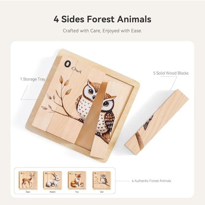 IEATFO 4 in 1 Wooden Animal Chunky Puzzle, 5 Solid Wood Puzzle Blocks with 4 Sides Realistic Forest Animals, Wooden Block Puzzle with Durable Base for Toddlers 3+ Years - Montessori Inspired - style: 4 in 1 (Forest)