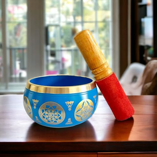 Nature's Own Tibetan Singing Bowl Set- Easy to Play- Meditation Sound Bowl Handcrafted in Nepal for Yoga, Mindfulness, Chakra Healing, Stress Relief- Spiritual Gifts for Women and Men (3.5 Inch, Blue)