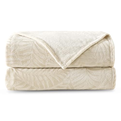 Super Soft Flannel Fleece Throw Blanket, Lightweight Cozy Warm Leaves Textured Plush Blanket for Bed Couch Sofa, 60 x 80 Inches, Linen - color: Linen, size: 60x80 IN