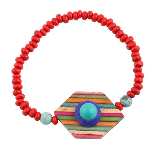 NOVICA Artisan Handmade Wood Beaded Pendant Bracelet Colorful from India Resin Multicolor Stretch [bracelet 7 in Inner Circ. x 0.9 in W Pendant(s) 0.9 in L x 1.4 in W x 0.6 in D] ' Colorful