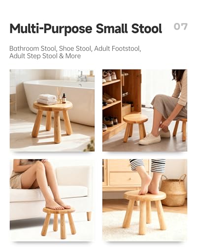 Small Solid Wood Stool, 10" Round Wooden Step Stool for Kids & Adults, Sturdy Plant Stand, Low Sitting Stool for Bathroom, Bedroom & Nursery, Easy Tool-Free Assembly, Natural (1 Pack)