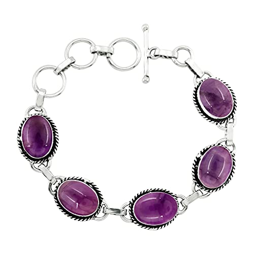 Oval Shape Natural & Synthetic Gemstones 925 Silver Plated Handmade Link Bracelets for Women - Birthstone Vintage Style Bohemian Adjustable Bracelet - Gifts for Wedding Anniversary Christmas - color: Amethyst