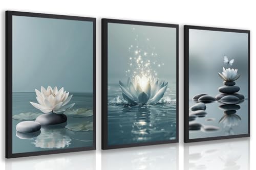 GELDSTEI Calm Zen Botanical Canvas Wall Art, White Lotus Blooming on Stones in Water Aesthetic Pictures, Yoga Spa Meditation Room Decor, Modern Spiritual Poster Prints for Zen Wood Framed Set of 3, Each 12x16 Inch - color: Zen(Wood), size: 16"L x 12"W