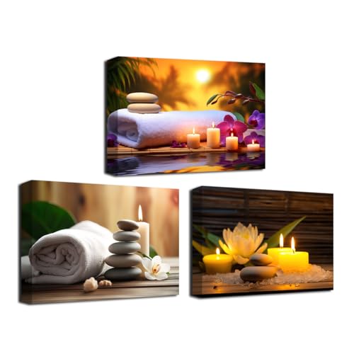CXHOSTENT Zen Canvas Wall Art 3 Piece Zen Stones Candles and Bath Towel Picture Prints Spa Massage Treatment Painting for Yoga Room Bathroom Decor (Zen-3, 20.00"x28.00"x3P) - color: Zen-3, size: 20.00"x28.00"x3P