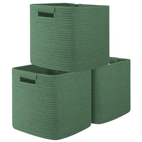 OIAHOMY Storage Cubes 11 Inch Storage Bins-3 Pack, Cotton Rope Woven Baskets for Organizing, Square Baskets for Shelves Organizer, Classroom, Toy Basket, Green - color: Green